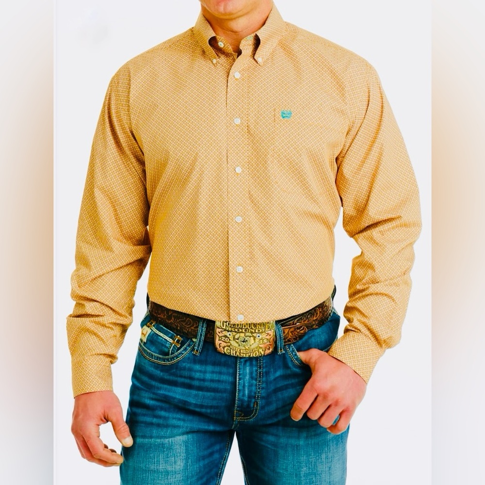 Cinch Men's Orange/Blue Geometric Print Button-Down Western Cowboy Shirt Size L